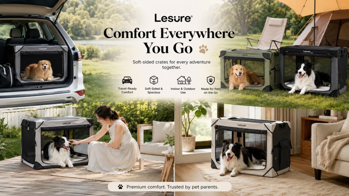 Lesure Amazon brand storefront showcasing pet travel crates, car pet seats, collapsible soft-sided dog crates, and outdoor pet accessories, highlighting a complete collection of pet mobility and comfort solutions.