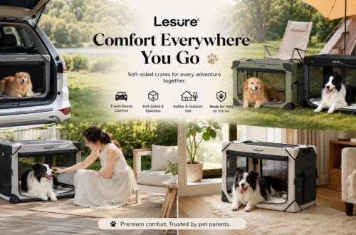 Lesure Amazon brand storefront showcasing pet travel crates, car pet seats, collapsible soft-sided dog crates, and outdoor pet accessories, highlighting a complete collection of pet mobility and comfort solutions.