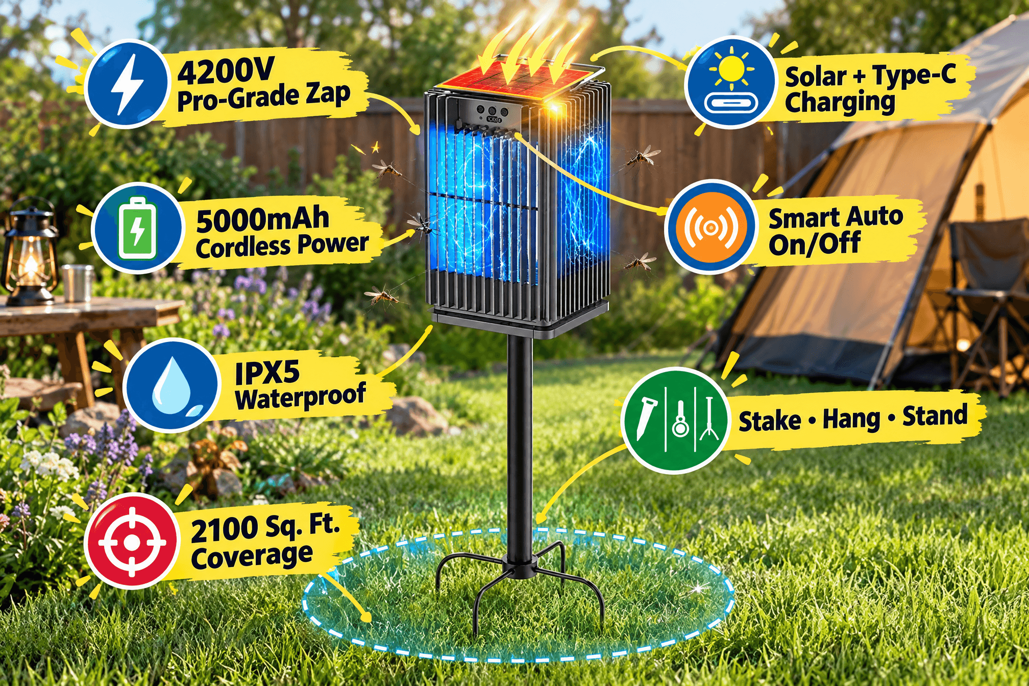 PhatroyYee 4200V cordless solar bug zapper in a real backyard lawn scene: graphite square unit mounted on a black four-prong ground stake, with a lit top solar panel and glowing blue UV grid; English callouts read “4200V pro-grade zap, solar + Type-C charging, 5000mAh cordless power, smart auto on/off, IPX5 waterproof, stake/hang/stand, 2100 sq. ft. coverage,” with cartoon-style arrow markers.