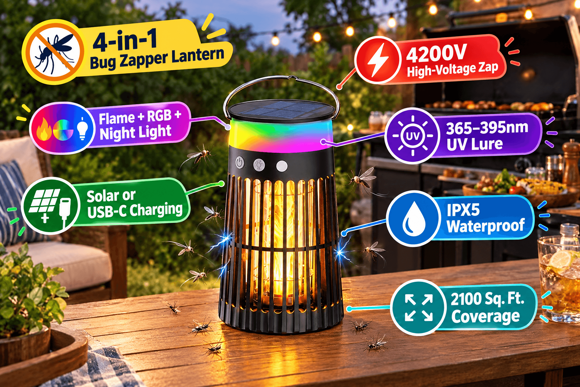 PhatroyYee 4-in-1 solar bug zapper lantern in a backyard BBQ scene: black cylindrical lantern with a top solar panel, RGB gradient mood light, warm flame light and glowing blue UV grid; English callouts highlight “4-in-1 zapper lantern, 4200V high-voltage zap, flame + RGB + night light, 365–395nm UV lure, solar or USB-C charging, IPX5 waterproof, 2100 sq. ft. coverage,” with cartoon-style markers.