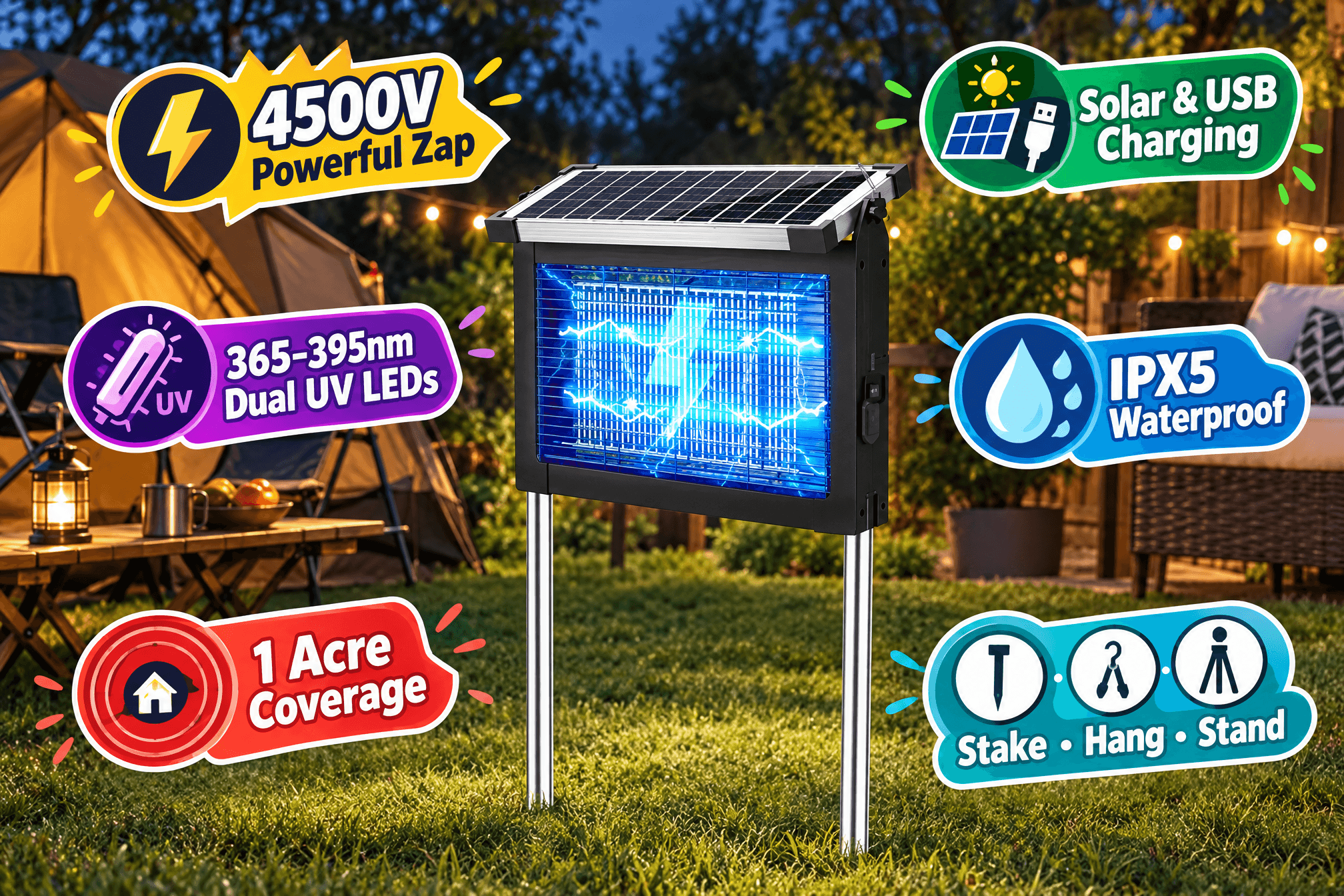 PhatroyYee 4500V solar bug zapper in a real backyard setting: black rectangular body with a top solar panel and glowing blue dual UV LED grid on a lawn; annotated callouts read “4500V powerful zap, solar & USB charging, 365–395nm dual UV LEDs, IPX5 waterproof, 1-acre coverage, stake/hang/stand,” with cartoon-style graphic markers.