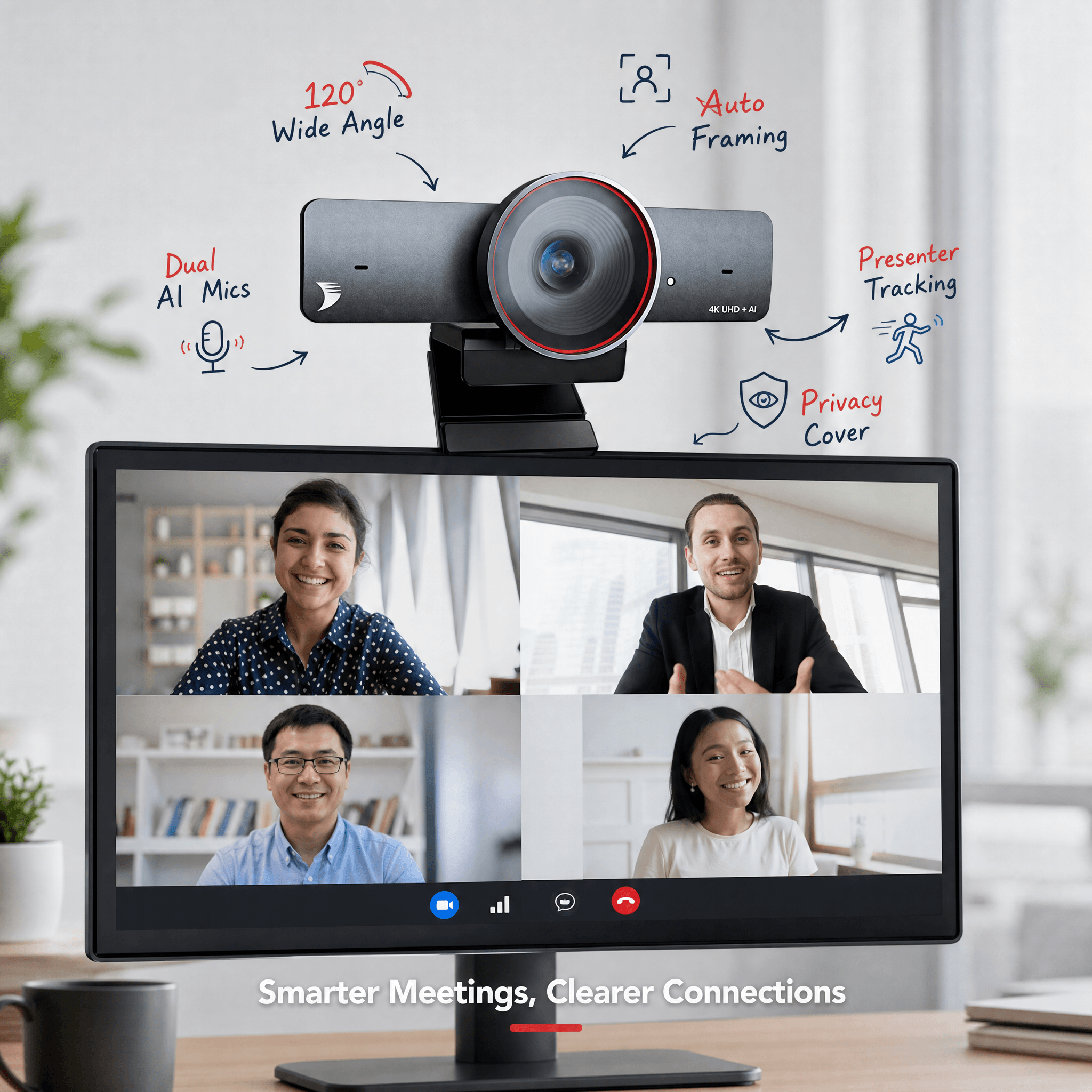 Product image of the Wyrestorm 4K UHD + AI conferencing webcam mounted on top of a monitor. The monitor screen displays a four-person video conference call. Handwritten notes with icons point to features: 120° Wide Angle, Auto Framing, Dual AI Mics, Presenter Tracking, and Privacy Cover. Bottom text reads "Smarter Meetings, Clearer Connections".