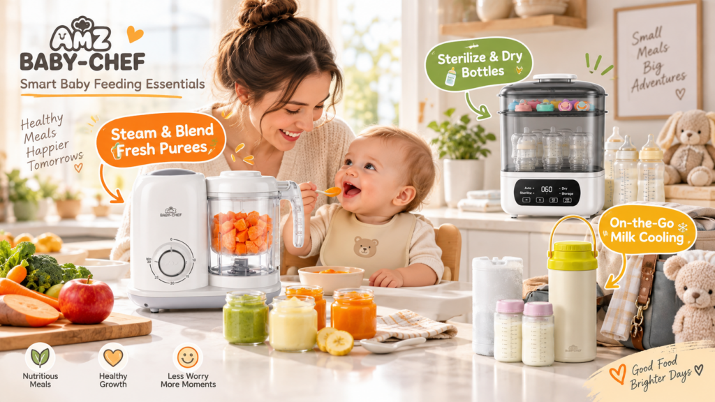 An infographic showing a mother feeding a happy baby, surrounded by AMZ Baby-Chef products including a food maker, a sterilizer-dryer, and a portable milk cooler. The text highlights 'Smart Baby Feeding Essentials' and the features of each device.