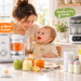 An infographic showing a mother feeding a happy baby, surrounded by AMZ Baby-Chef products including a food maker, a sterilizer-dryer, and a portable milk cooler. The text highlights 'Smart Baby Feeding Essentials' and the features of each device.