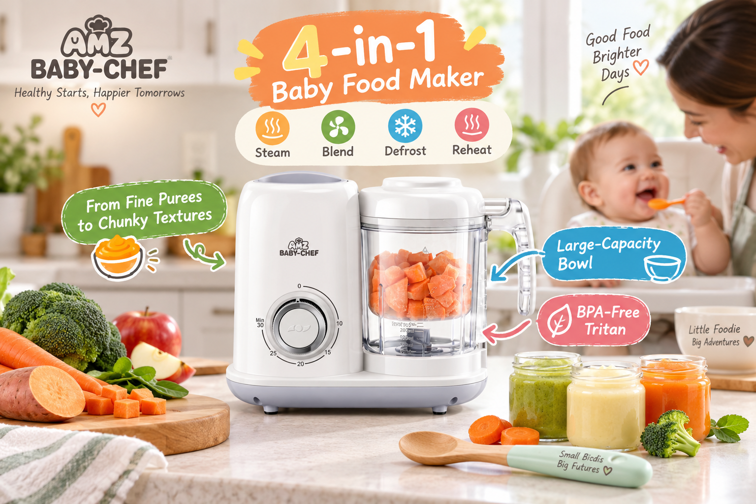An infographic of the AMZ Baby-Chef 4-in-1 baby food maker. It shows fresh vegetables on the left and finished purees on the right, highlighting its four main functions: Steam, Blend, Defrost, and Reheat, as well as features like large capacity and BPA-free material.