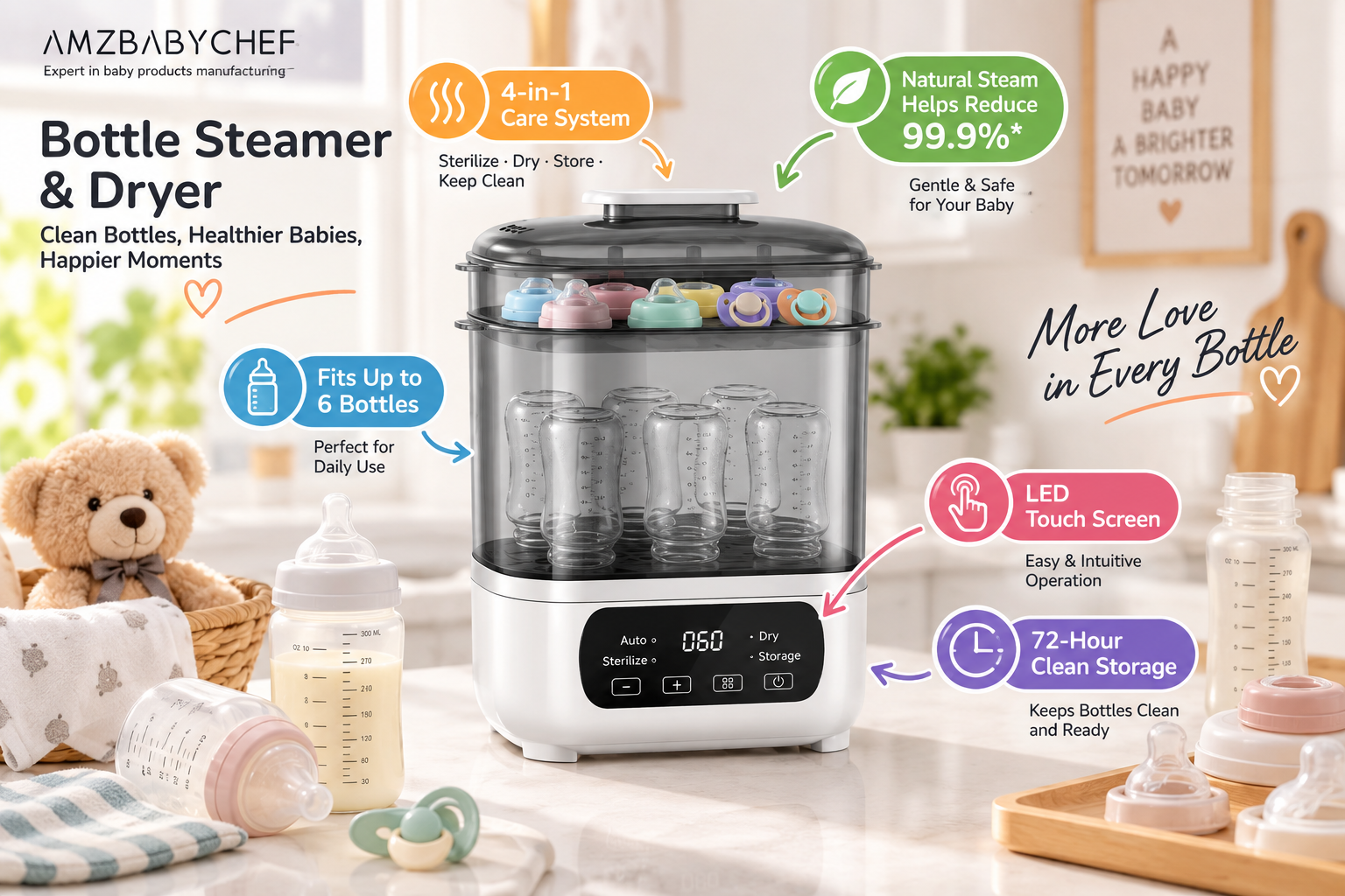 An infographic of the AMZ BABYCHEF bottle steamer and dryer. It shows a large, transparent, two-tier sterilizer filled with bottles and pacifiers, highlighting features like 'Fits Up to 6 Bottles', '99.9% Sterilization', 'LED Touch Screen', and '72-Hour Clean Storage'.