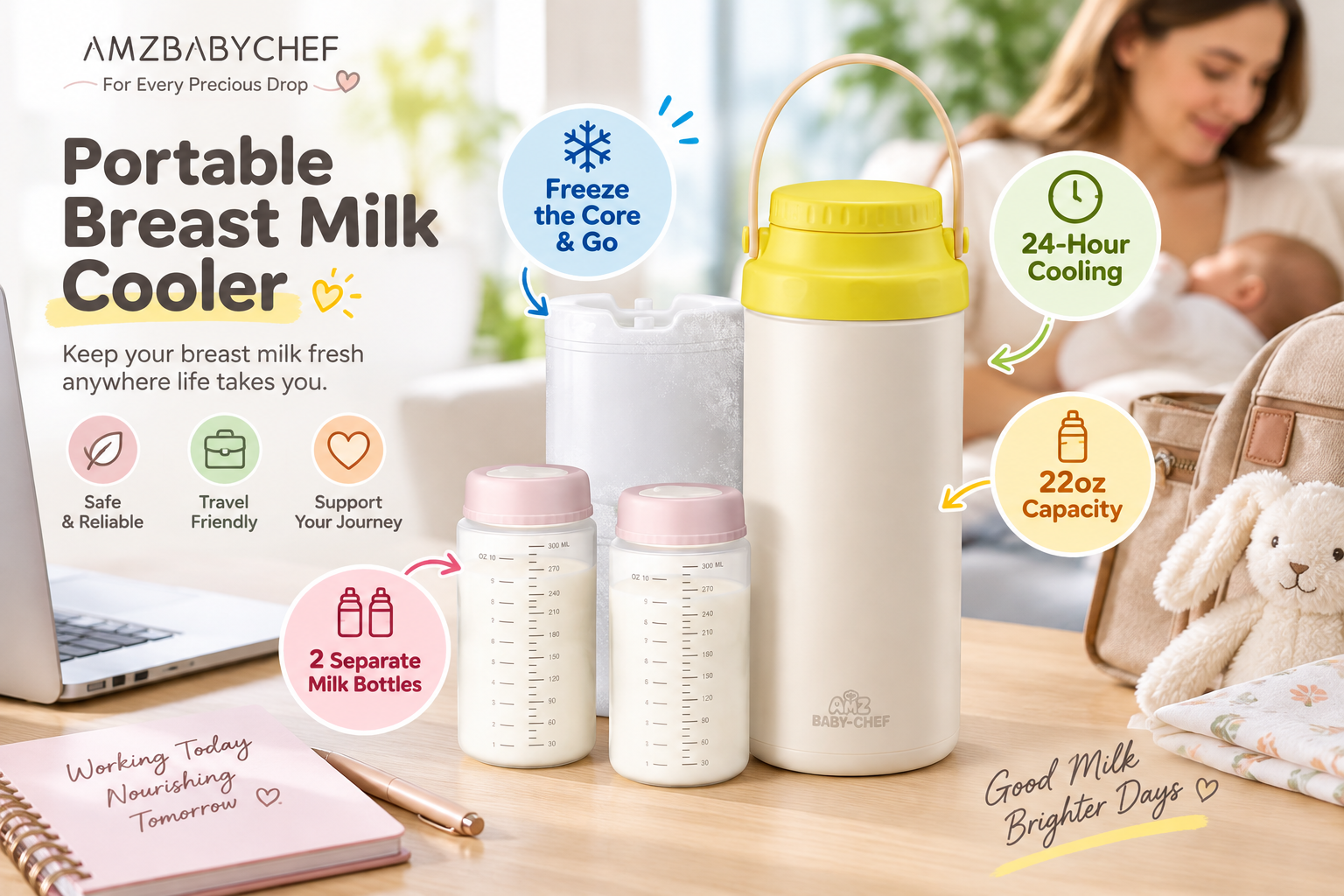 An infographic for the AMZBABYCHEF portable breast milk cooler. It features a beige thermal flask with a yellow handle, a central cooling core, and two milk bottles, with text emphasizing features like 'Freeze the Core & Go', '24-Hour Cooling', and '22oz Capacity'. A working mother is visible in the background.