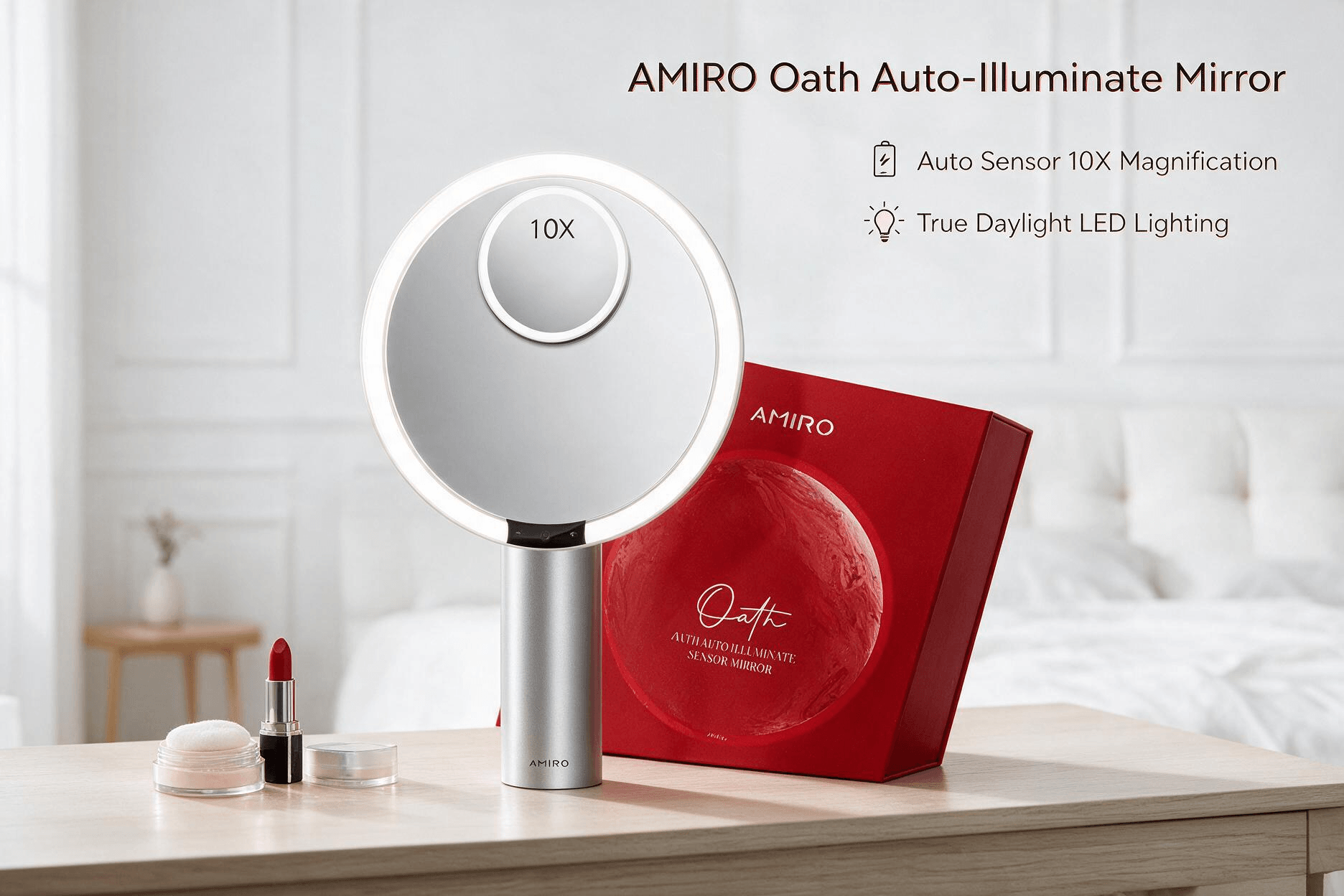 AMIRO Oath auto-illuminate 10X magnifying LED sensor mirror with red gift box, placed on cozy nordic bedroom vanity, Amazon product listing lifestyle photo.