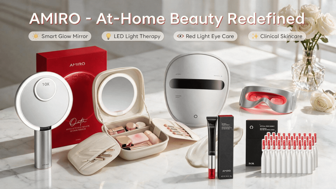 AMIRO full collection at-home beauty devices on bright modern vanity, official Amazon brand promotional blog banner, clean minimal white marble scene, with English feature text labels.