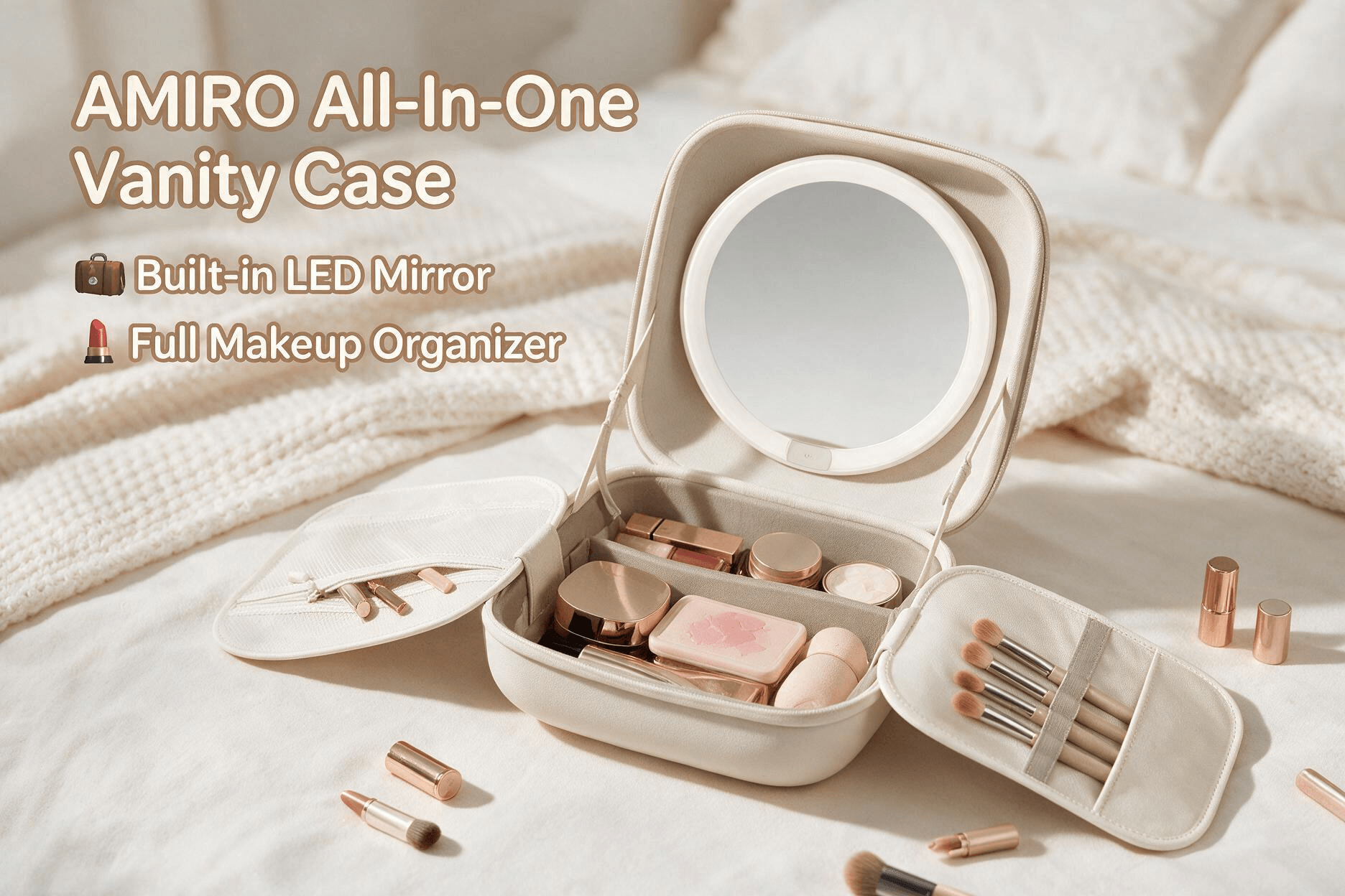 AMIRO all-in-one portable vanity makeup case with built-in LED ring mirror, fully open on soft bedroom travel counter, Amazon product lifestyle showcase.
