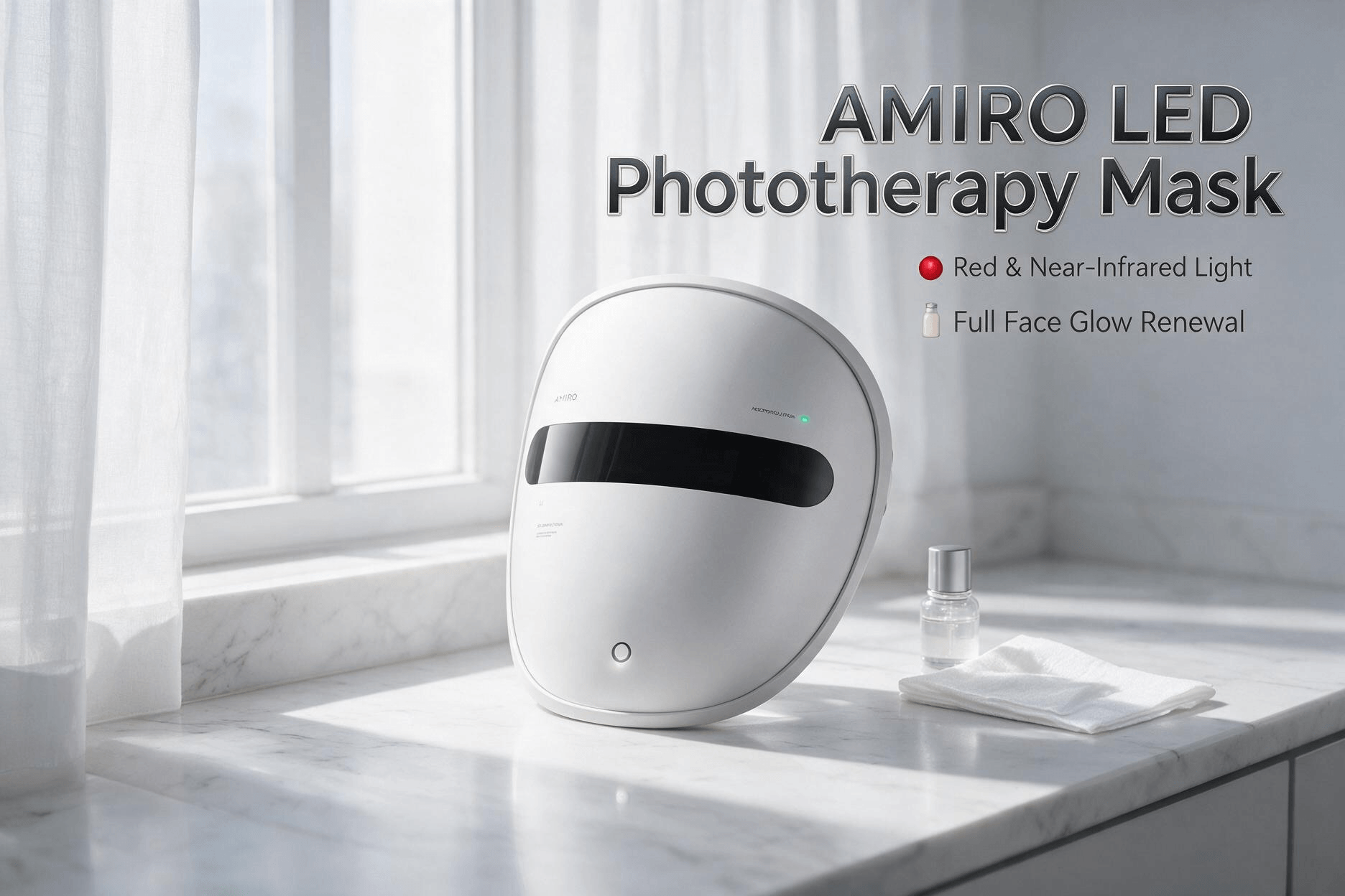 AMIRO wearable LED phototherapy face mask, placed on minimalist white bathroom counter next to skincare serum, Amazon clinical beauty device product photo.