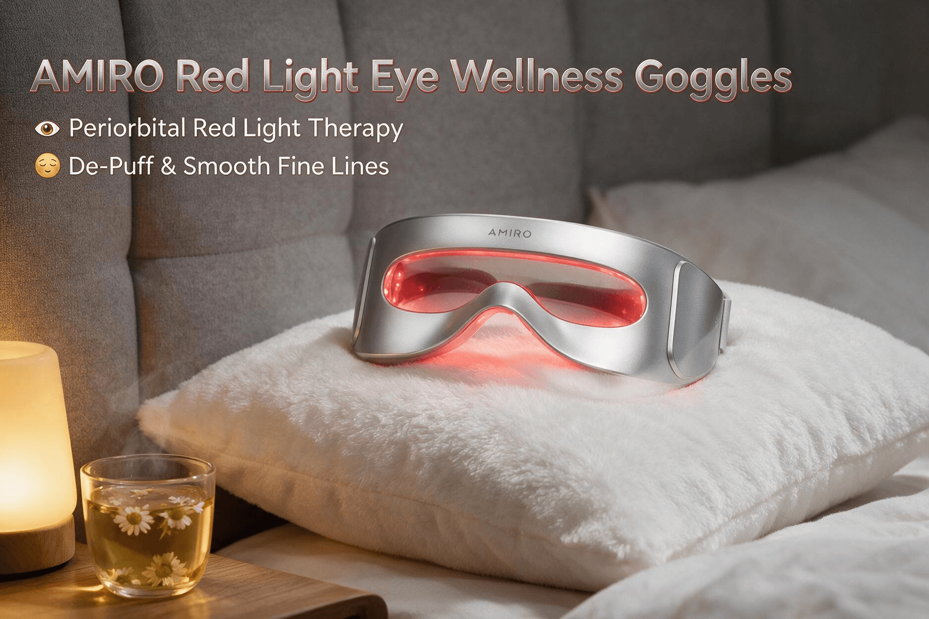 AMIRO red light eye wellness goggles, resting on soft bedroom pillow with warm night light, Amazon eye care device lifestyle photograph.