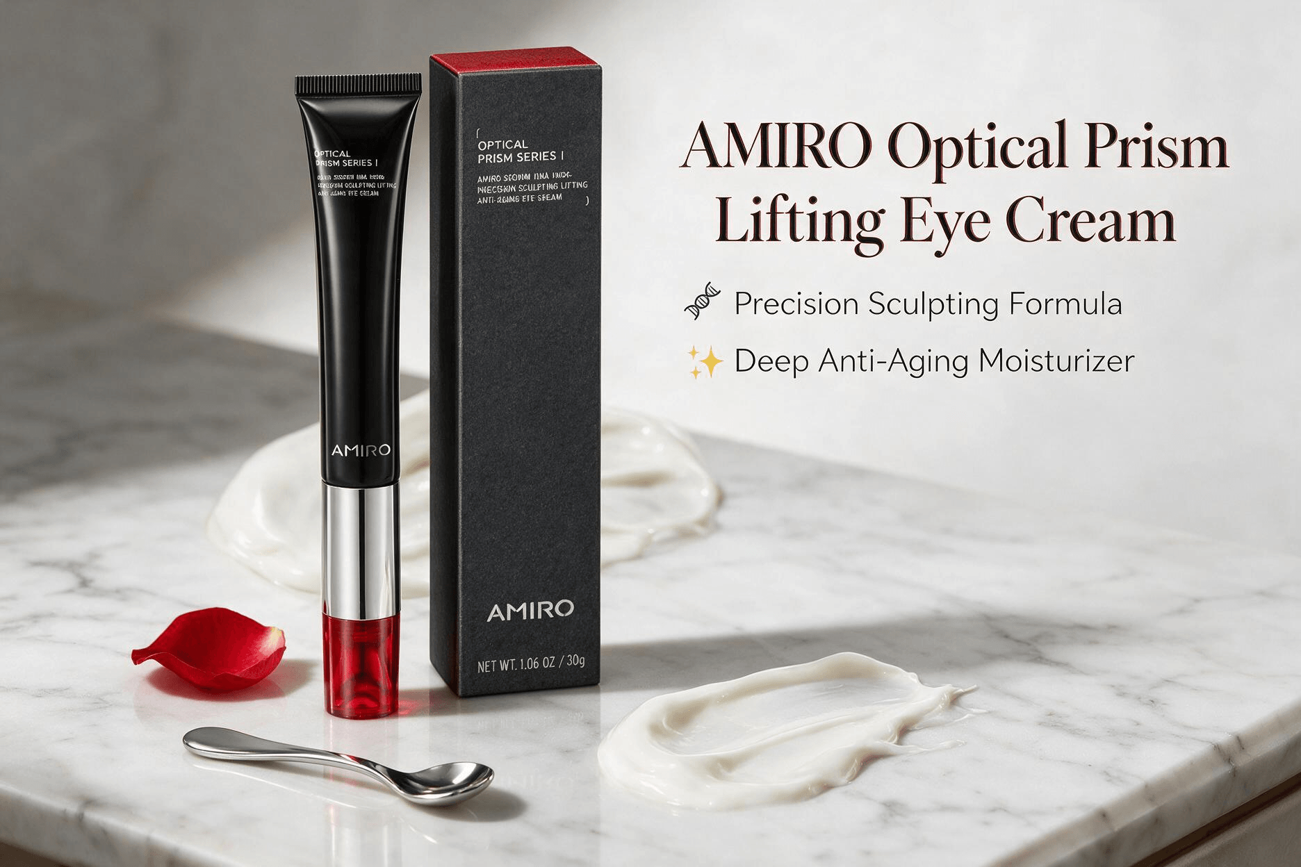 AMIRO Optical Prism precision sculpting anti-aging eye cream with black retail box, on luxury cream marble vanity with cream texture swatch, Amazon skincare product photo.