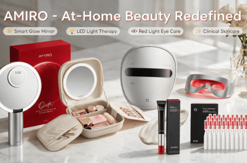 AMIRO full collection at-home beauty devices on bright modern vanity, official Amazon brand promotional blog banner, clean minimal white marble scene, with English feature text labels.