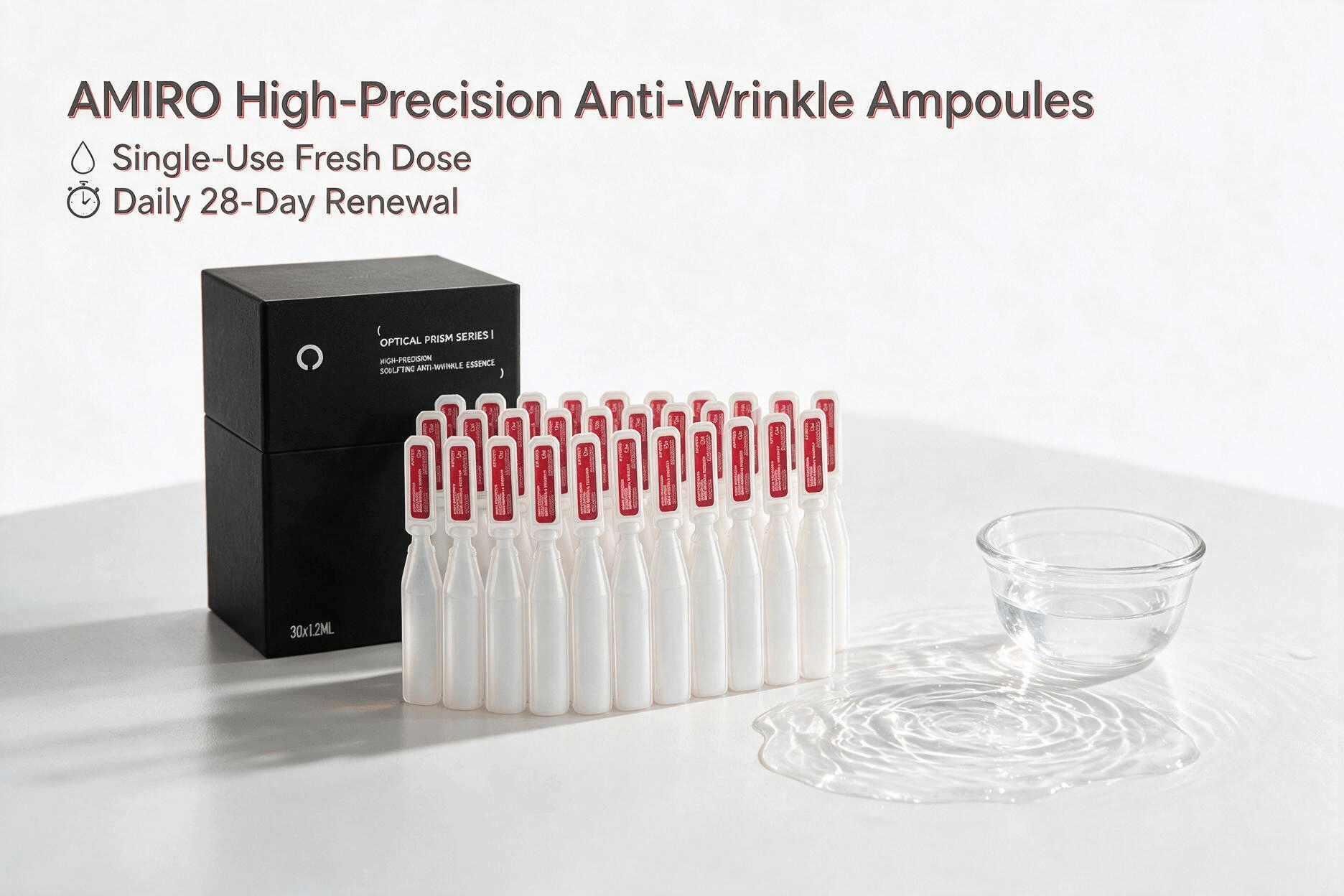 AMIRO Optical Prism high-precision anti-wrinkle single-use ampoules 30-pack, neatly arranged on clean bright skincare counter, Amazon ampoule essence product photo.