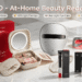 AMIRO full collection at-home beauty devices on bright modern vanity, official Amazon brand promotional blog banner, clean minimal white marble scene, with English feature text labels.