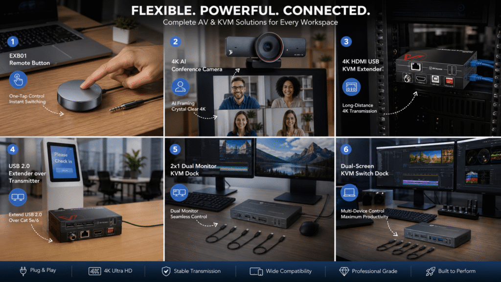 Collaged promotional image titled "FLEXIBLE. POWERFUL. CONNECTED. Complete AV & KVM Solutions for Every Workspace". It features six numbered workspace scenarios showing different AV Access products and their applications: 1) EXB01 Remote Button with one-tap switching, 2) 4K AI Conference Camera with AI framing, 3) 4K HDMI USB KVM Extender for long-distance transmission, 4) USB 2.0 Extender for extendable USB 2.0, 5) 2x1 Dual Monitor KVM Dock with seamless dual monitor control, and 6) Dual-Screen KVM Switch Dock for multi-device productivity. Each scenario includes icons and text emphasizing features like Plug & Play, 4K Ultra HD, Stable Transmission, Wide Compatibility, Professional Grade, and Built to Perform.