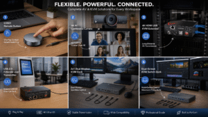 Collaged promotional image titled "FLEXIBLE. POWERFUL. CONNECTED. Complete AV & KVM Solutions for Every Workspace". It features six numbered workspace scenarios showing different AV Access products and their applications: 1) EXB01 Remote Button with one-tap switching, 2) 4K AI Conference Camera with AI framing, 3) 4K HDMI USB KVM Extender for long-distance transmission, 4) USB 2.0 Extender for extendable USB 2.0, 5) 2x1 Dual Monitor KVM Dock with seamless dual monitor control, and 6) Dual-Screen KVM Switch Dock for multi-device productivity. Each scenario includes icons and text emphasizing features like Plug & Play, 4K Ultra HD, Stable Transmission, Wide Compatibility, Professional Grade, and Built to Perform.
