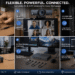 Collaged promotional image titled "FLEXIBLE. POWERFUL. CONNECTED. Complete AV & KVM Solutions for Every Workspace". It features six numbered workspace scenarios showing different AV Access products and their applications: 1) EXB01 Remote Button with one-tap switching, 2) 4K AI Conference Camera with AI framing, 3) 4K HDMI USB KVM Extender for long-distance transmission, 4) USB 2.0 Extender for extendable USB 2.0, 5) 2x1 Dual Monitor KVM Dock with seamless dual monitor control, and 6) Dual-Screen KVM Switch Dock for multi-device productivity. Each scenario includes icons and text emphasizing features like Plug & Play, 4K Ultra HD, Stable Transmission, Wide Compatibility, Professional Grade, and Built to Perform.