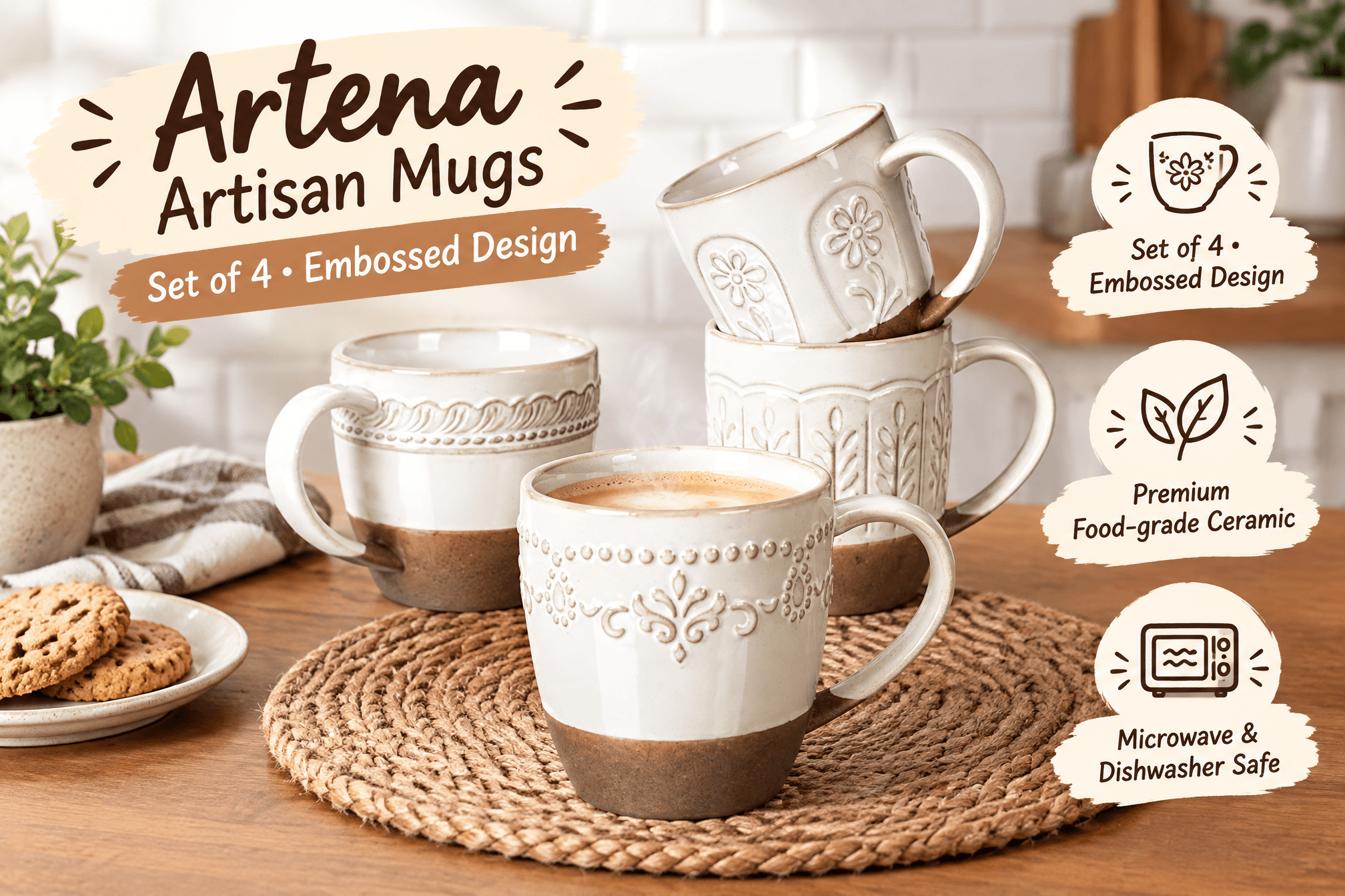 Lifestyle scene of a set of four Artena embossed ceramic mugs in cream with brown bases, placed in a realistic coffee or tea setting, with English product labels and cartoon-style markers.