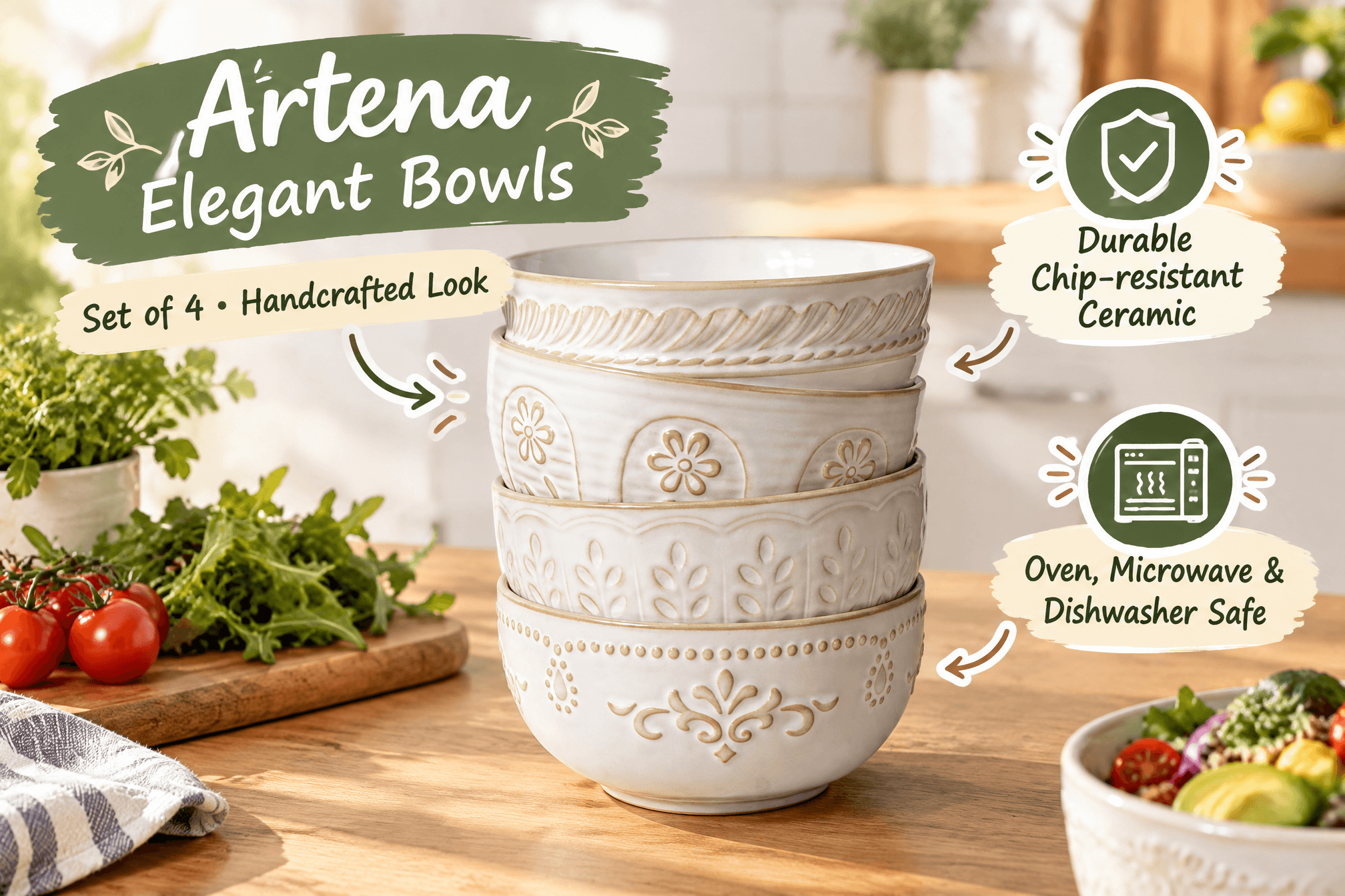 Lifestyle scene of a stack of four Artena embossed ceramic bowls in cream with handcrafted textured patterns, placed in a realistic dining table setting, with English product labels and cartoon-style markers.
