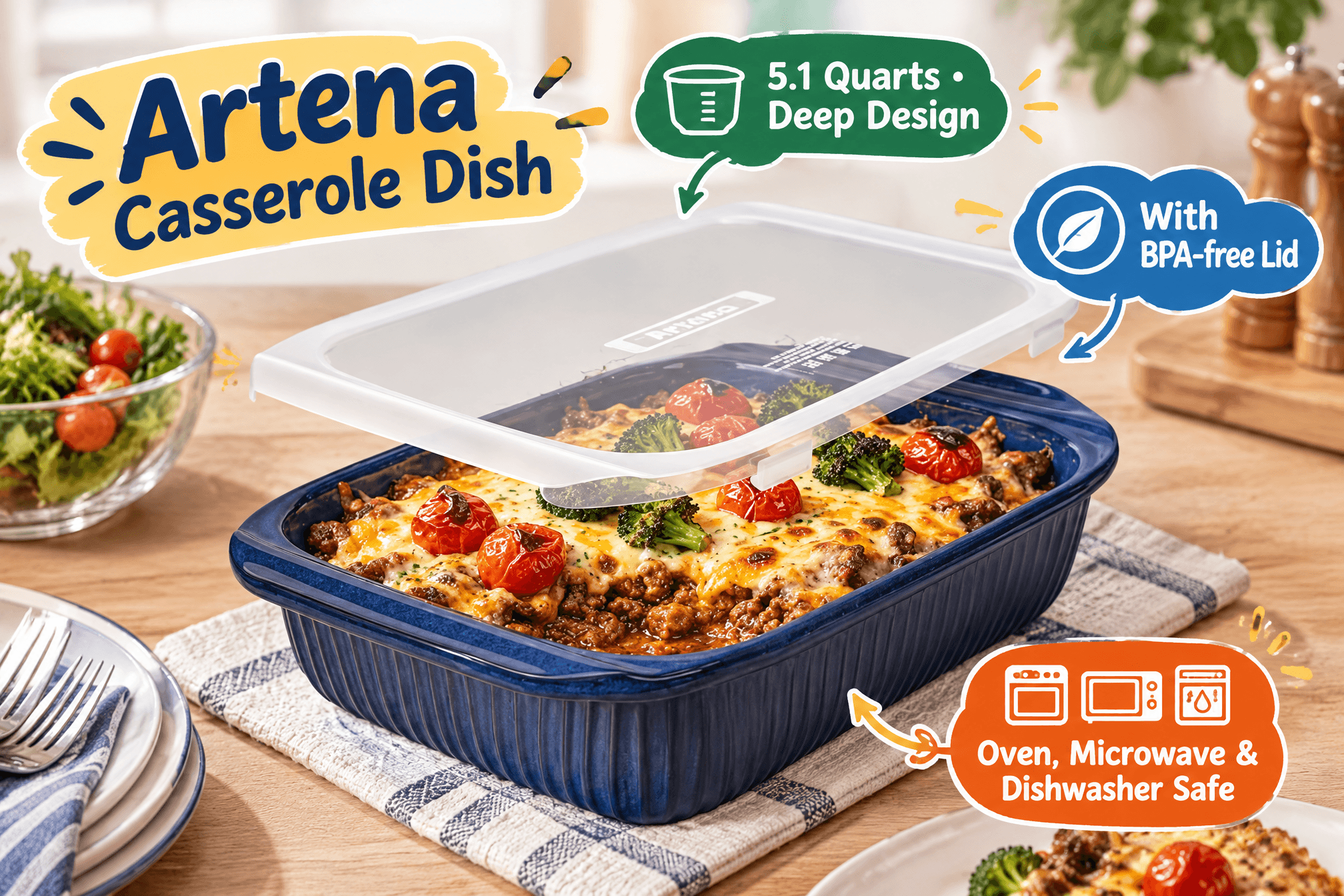 Lifestyle scene of the Artena navy-blue rectangular ceramic baking dish filled with a baked casserole and paired with a clear lid, placed in a realistic kitchen or dining setting, with English product labels and cartoon-style markers.