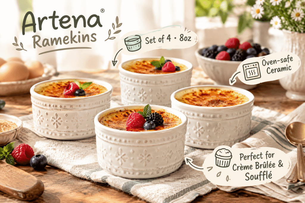 Lifestyle scene of a set of four Artena white ceramic ramekins with embossed patterns, ideal for crème brûlée and soufflé, placed in a realistic baking or dining setting, with English product labels and cartoon-style markers.