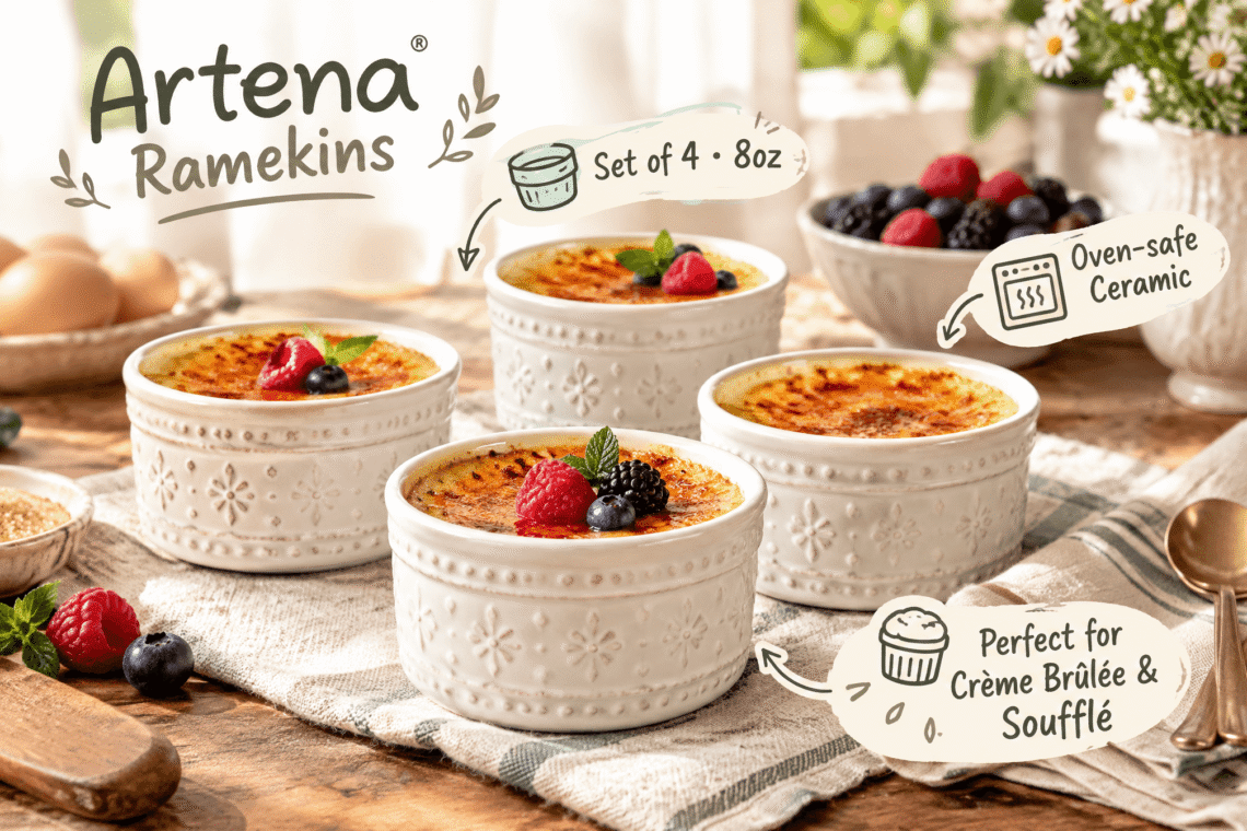 Lifestyle scene of a set of four Artena white ceramic ramekins with embossed patterns, ideal for crème brûlée and soufflé, placed in a realistic baking or dining setting, with English product labels and cartoon-style markers.
