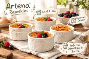 Lifestyle scene of a set of four Artena white ceramic ramekins with embossed patterns, ideal for crème brûlée and soufflé, placed in a realistic baking or dining setting, with English product labels and cartoon-style markers.