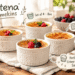 Lifestyle scene of a set of four Artena white ceramic ramekins with embossed patterns, ideal for crème brûlée and soufflé, placed in a realistic baking or dining setting, with English product labels and cartoon-style markers.