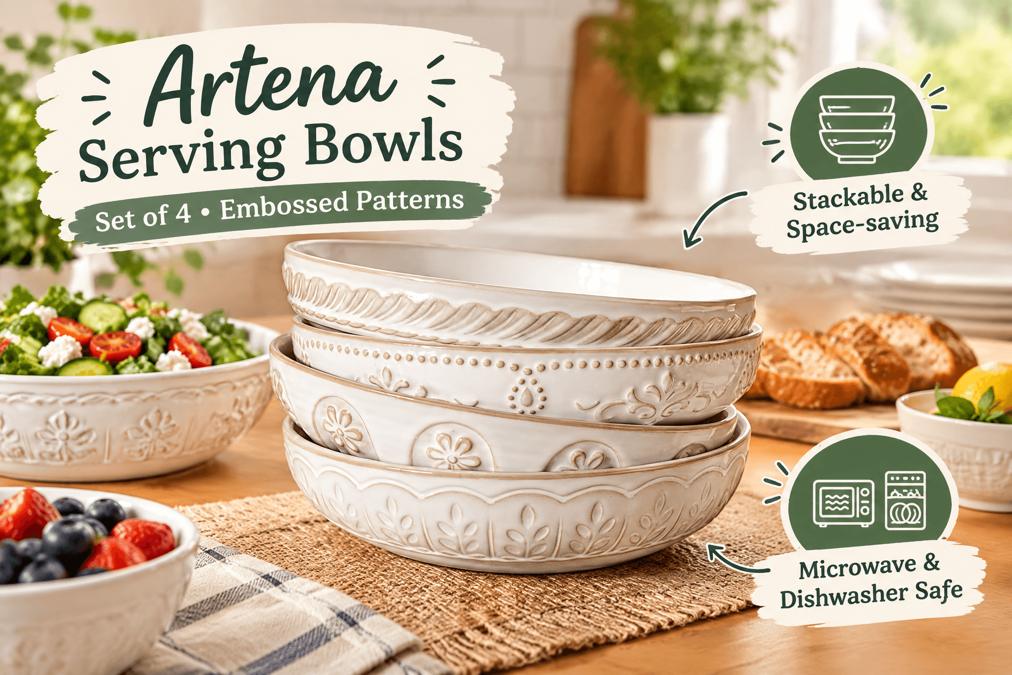 Lifestyle scene of a set of four Artena embossed oval ceramic serving bowls in cream with handcrafted textured patterns and stackable design, placed in a realistic dining setting, with English product labels and cartoon-style markers.