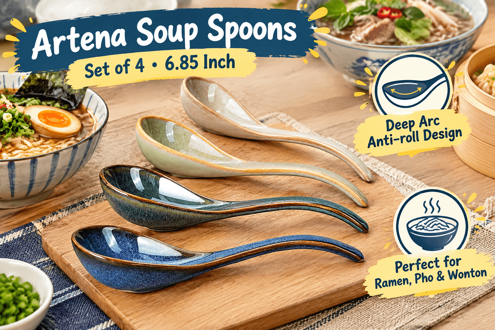 Lifestyle scene of a set of four Artena colorful ceramic soup spoons in blue, green, and cream glazes with deep-arc anti-roll design, placed in a realistic soup or dining setting, with English product labels and cartoon-style markers.