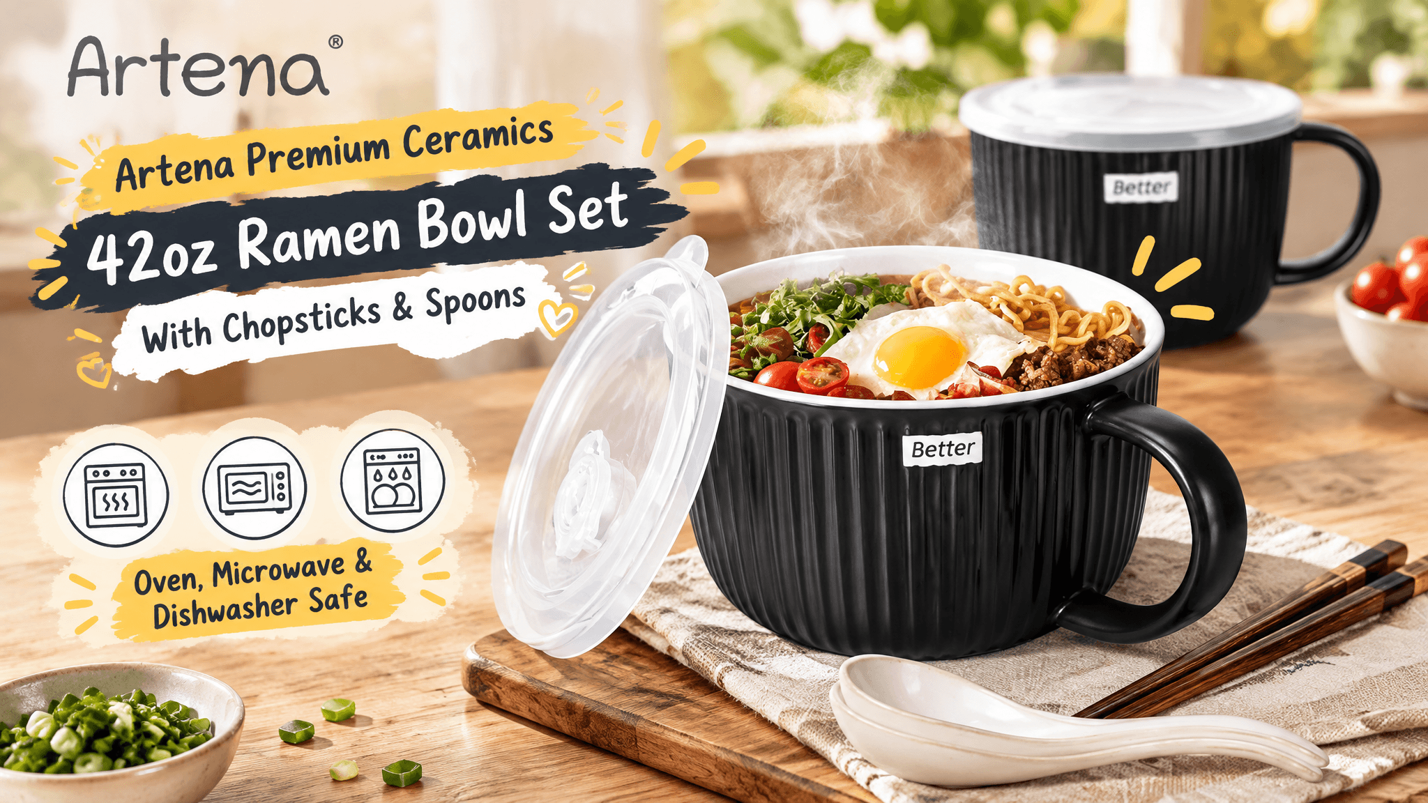 Lifestyle scene of the Artena black ceramic ramen bowl set filled with noodles, egg, and toppings, paired with wooden chopsticks and spoons on a cozy dining table, with English promotional labels and cartoon-style markers.
