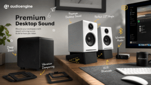 A complete product lineup infographic for Audioengine premium desktop sound system, featuring A2+ speakers on stands, an S6 subwoofer, and a B1 receiver on a desk with annotations for deep bass, vibration dampening, premium sound, 15-degree angle, and wireless and Hi-Fi bluetooth.