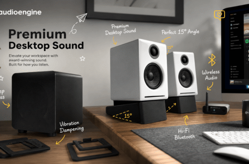 A complete product lineup infographic for Audioengine premium desktop sound system, featuring A2+ speakers on stands, an S6 subwoofer, and a B1 receiver on a desk with annotations for deep bass, vibration dampening, premium sound, 15-degree angle, and wireless and Hi-Fi bluetooth.