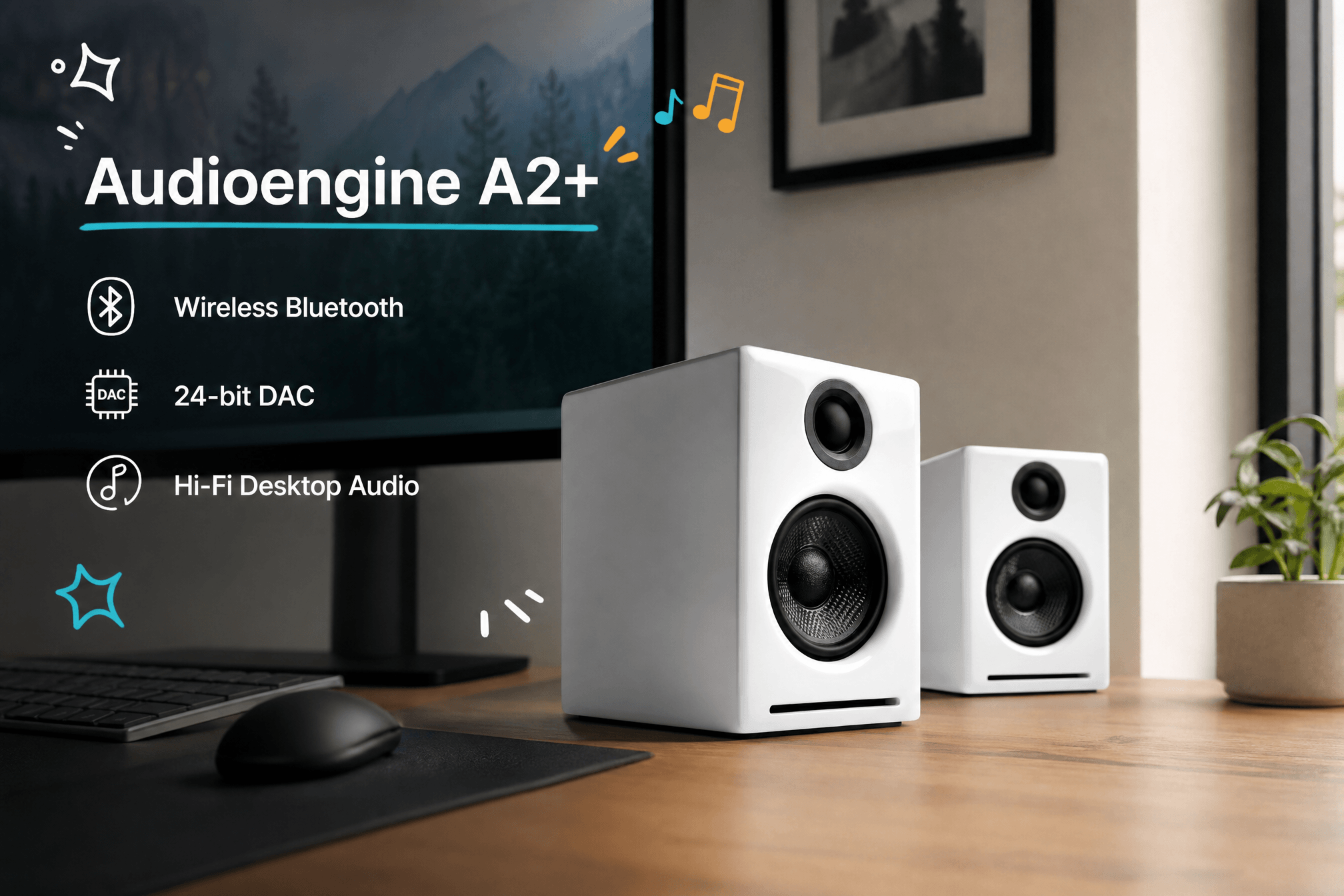 An infographic of Audioengine A2+ white desktop speakers on a wooden desk, featuring icons that detail its Wireless Bluetooth, 24-bit DAC, and Hi-Fi Desktop Audio capabilities.