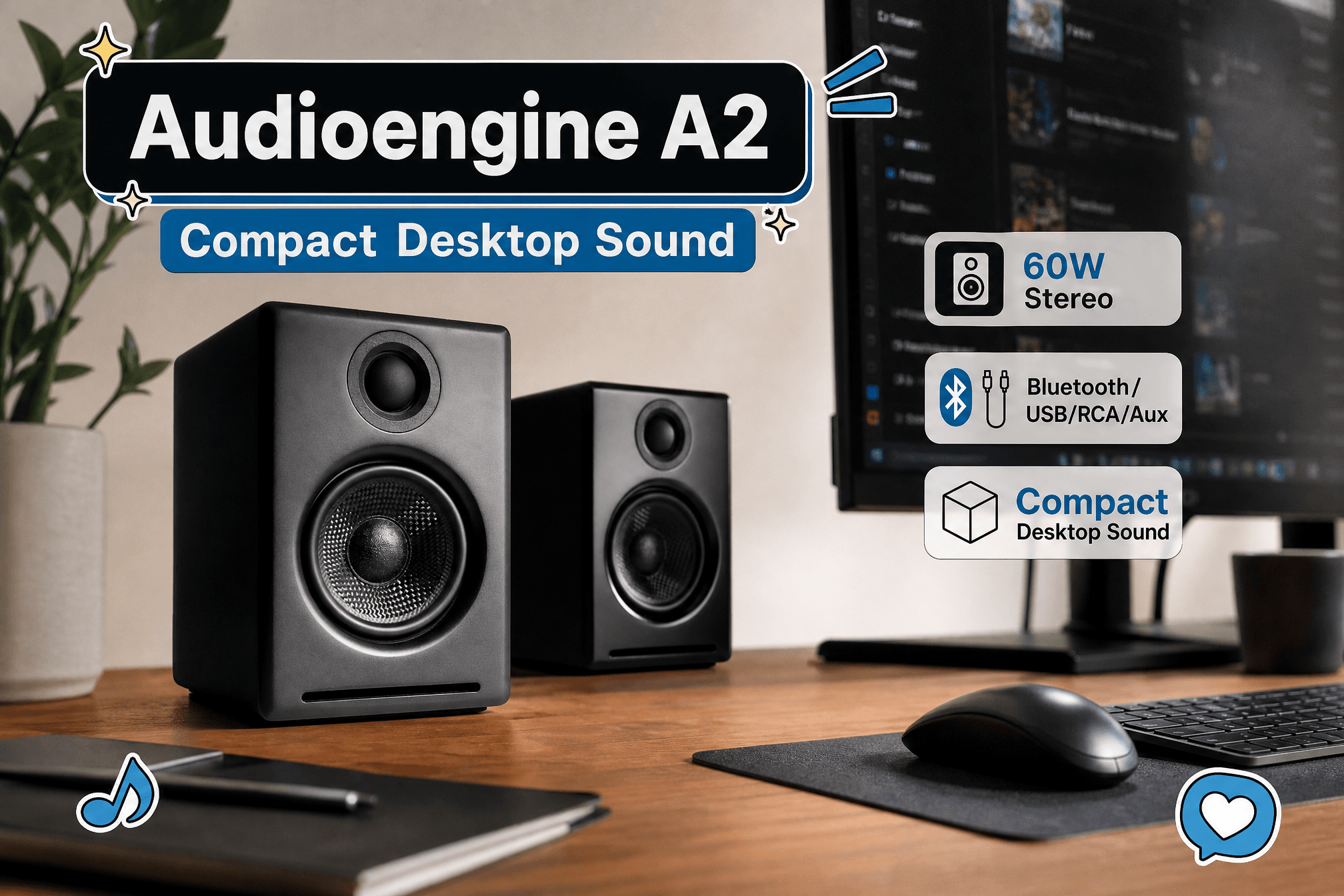 An infographic of Audioengine A2 black compact desktop speakers set up on a desk, with icons highlighting its key features including 60W stereo sound, multiple connectivity options (Bluetooth, USB, RCA, Aux), and compact design.