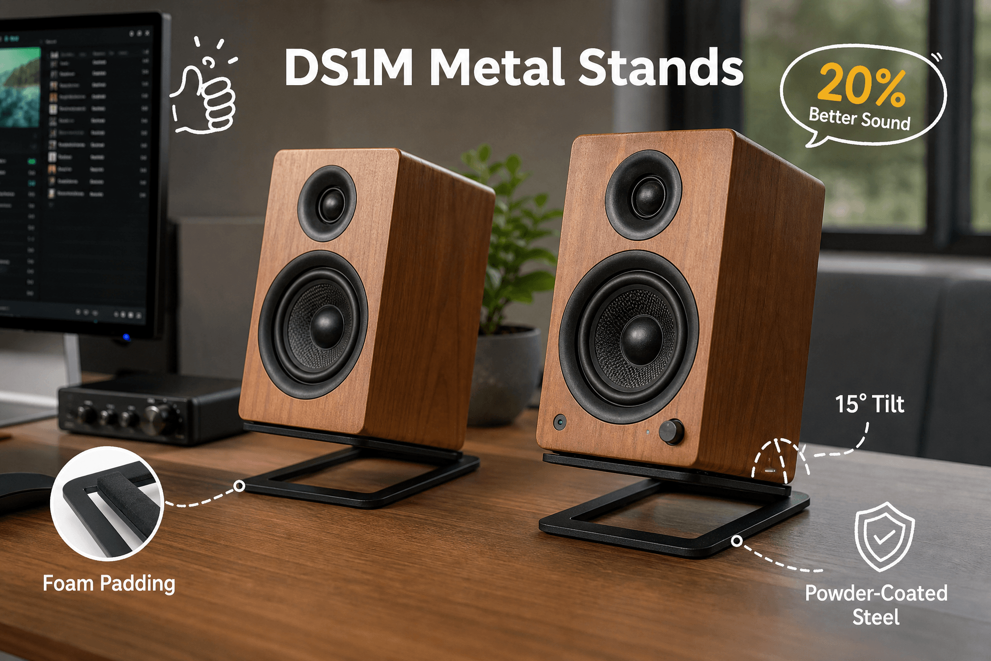An infographic of Audioengine DS1M Metal Stands supporting wood-grain speakers on a desk, with icons detailing its features: 20% better sound, 15° tilt, powder-coated steel construction, and foam padding.