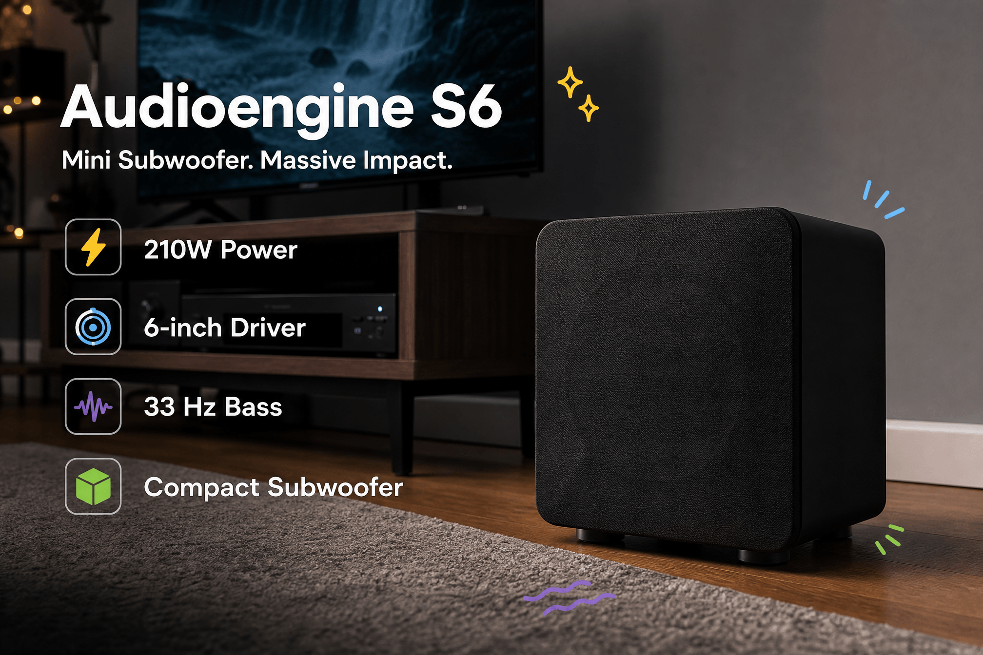 An infographic of Audioengine S6 Mini Subwoofer, highlighting its appearance in a room corner and listing features via icons including 210W Power, 6-inch Driver, 33 Hz Bass, and Compact Subwoofer design.