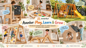 Avenlur wooden playsets collage showing children playing and learning on a learning tower, balance beam, backyard swing set, indoor gym, Pikler triangle, and playhouse.