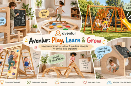 Avenlur wooden playsets collage showing children playing and learning on a learning tower, balance beam, backyard swing set, indoor gym, Pikler triangle, and playhouse.