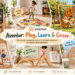 Avenlur wooden playsets collage showing children playing and learning on a learning tower, balance beam, backyard swing set, indoor gym, Pikler triangle, and playhouse.