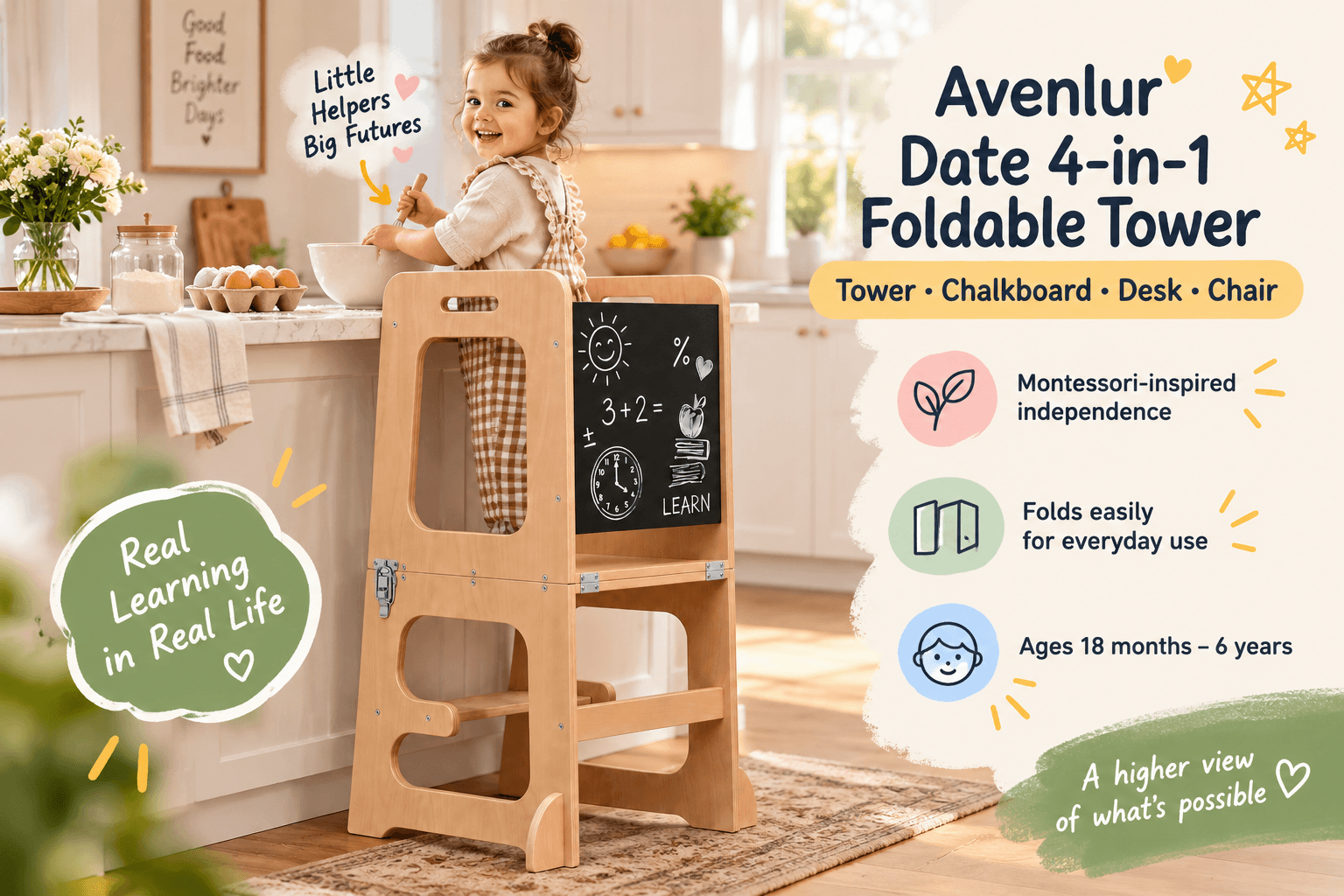 Product image of the Avenlur Date 4-in-1 Foldable Tower shown with a toddler in a kitchen, featuring a chalkboard and easy fold-up design, with key benefit icons.