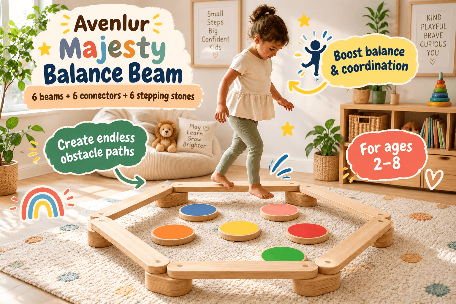 Product image of the Avenlur Majesty Balance Beam set with a young girl, showcasing components and benefits for balance and coordination, for ages 2-8.