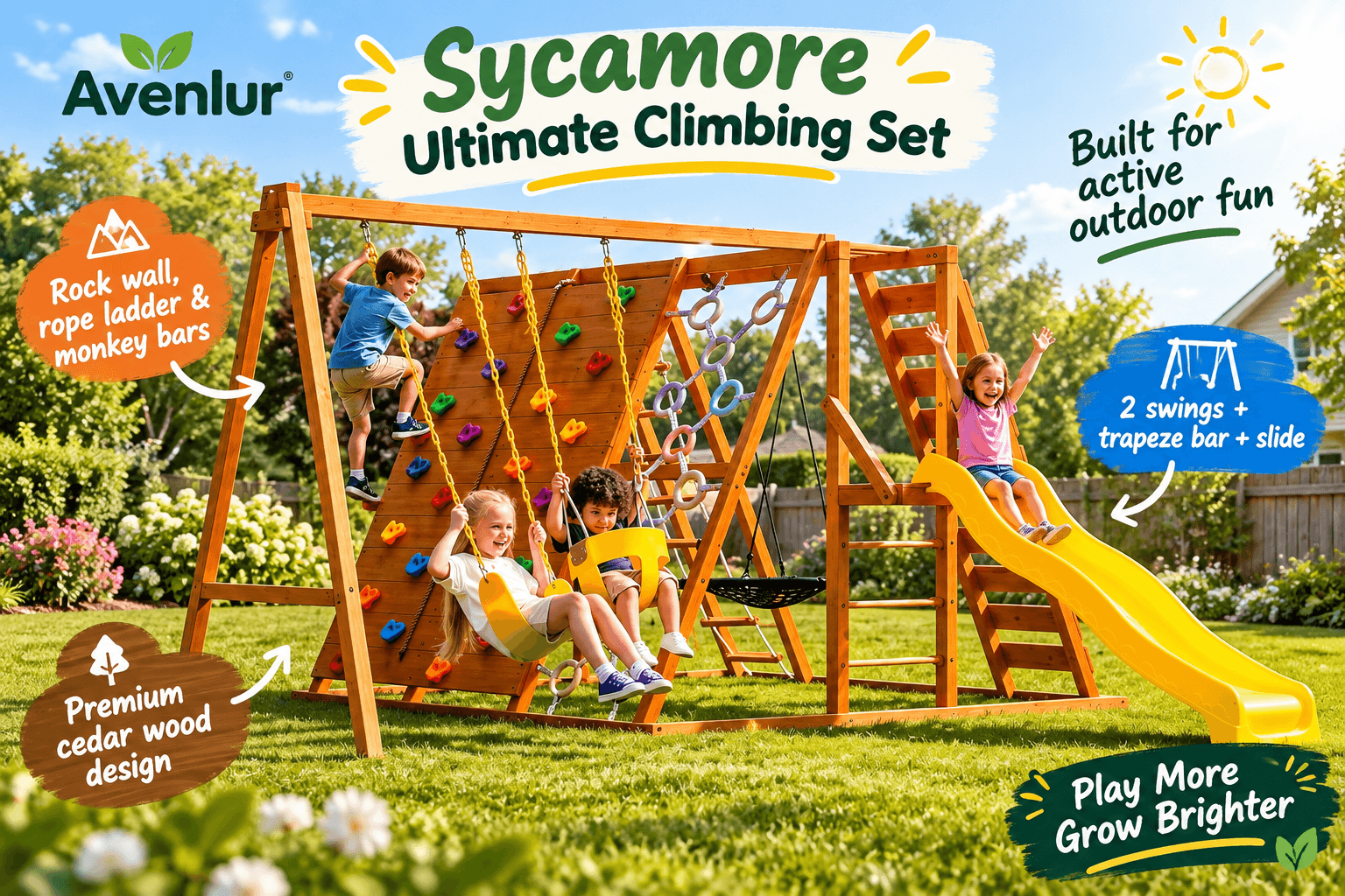 Avenlur Sycamore outdoor wooden playset product image, featuring kids playing and listing components like rock wall, swings, and slide.