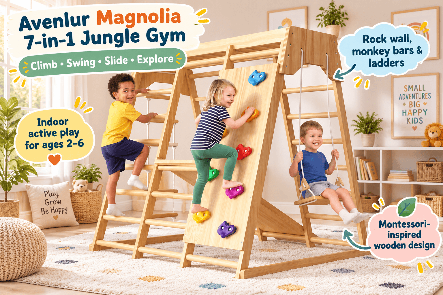 Product image of Avenlur Magnolia indoor wooden playset, featuring kids playing and listing components like rock wall, swings, and slide for ages 2-6.