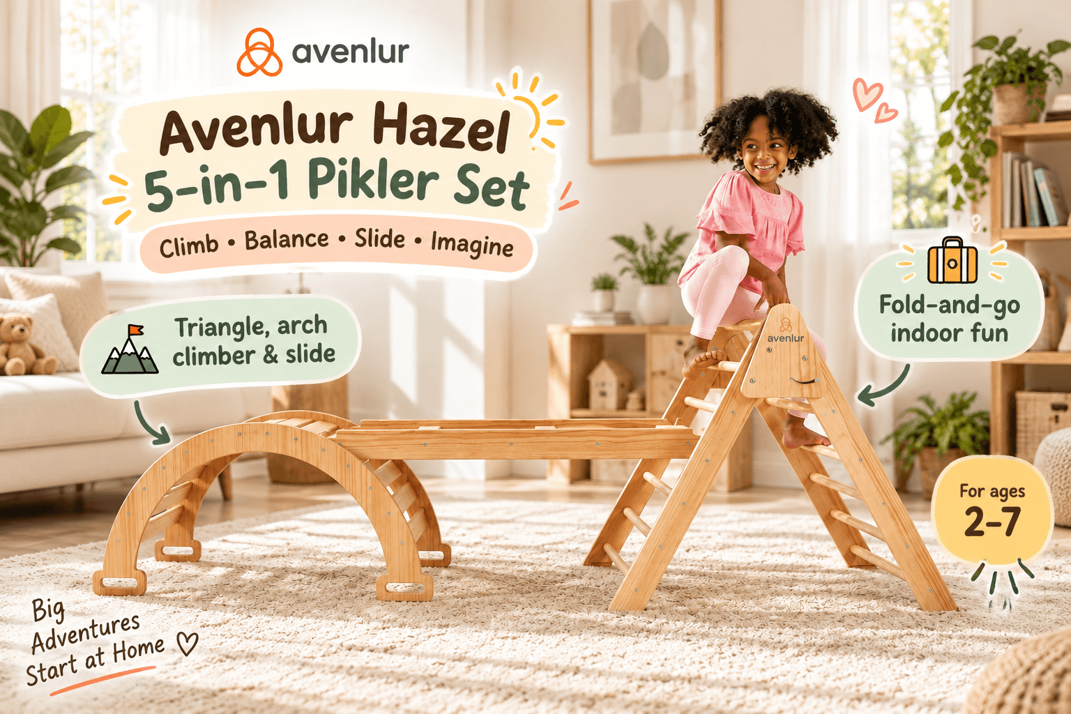 Avenlur Hazel 5-in-1 Pikler Set product image with a toddler climbing, highlighting components like triangle, arch, and slide, for ages 2-7.