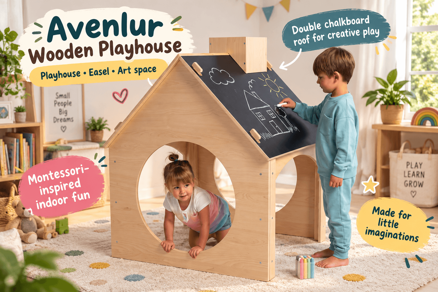Avenlur Wooden Playhouse product image with children, showing its double chalkboard roof and function as playhouse and art easel.