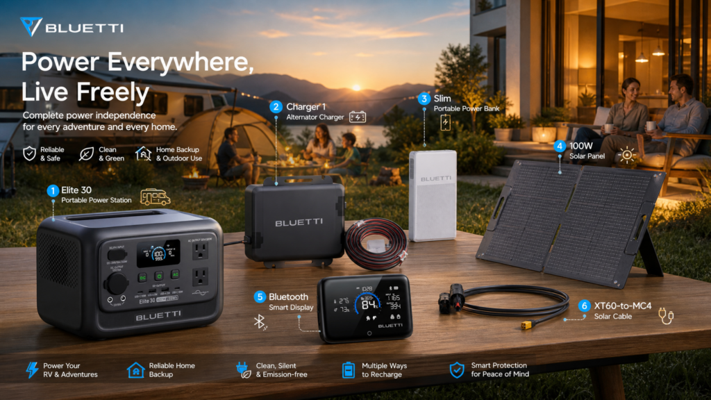 BLUETTI "Power Everywhere, Live Freely" complete outdoor and home power setup, showcasing 6 products including the Elite 30 portable power station, Charger 1 alternator charger, slim power bank, 100W solar panel, Bluetooth smart display, and XT60-to-MC4 cable.