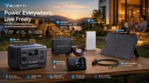 BLUETTI "Power Everywhere, Live Freely" complete outdoor and home power setup, showcasing 6 products including the Elite 30 portable power station, Charger 1 alternator charger, slim power bank, 100W solar panel, Bluetooth smart display, and XT60-to-MC4 cable.